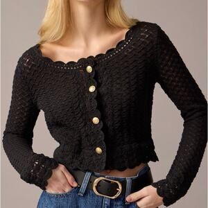 J.Crew Crochet Cropped Cardigan Sweater Jacket Gold Buttons Cotton Black XL NWT